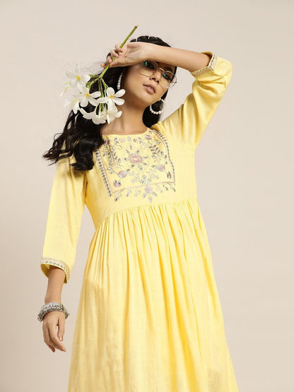 Women's Yellow Zari Bodice Embroidery Gathered