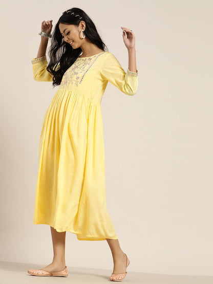 Women's Yellow Zari Bodice Embroidery Gathered