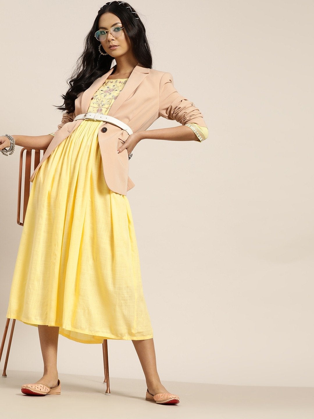 Women's Yellow Zari Bodice Embroidery Gathered