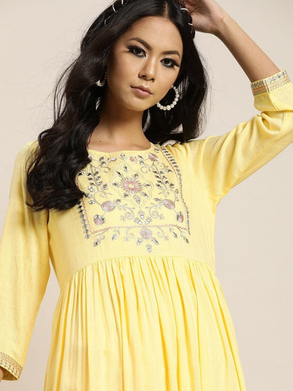 Women's Yellow Zari Bodice Embroidery Gathered