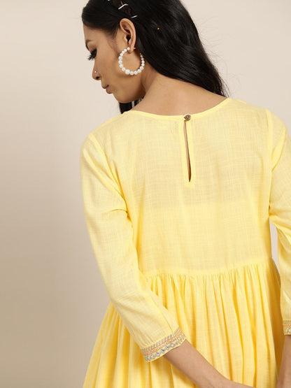 Women's Yellow Zari Bodice Embroidery Gathered