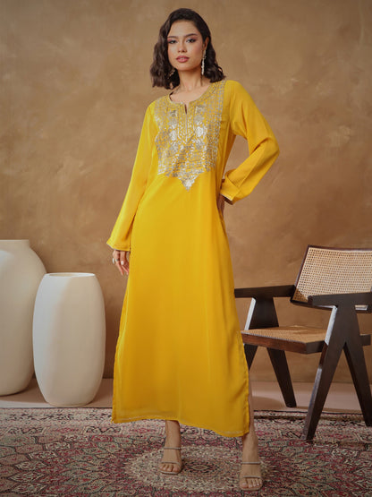 Women's Yellow Embroidered Round Neck Abaya Dress