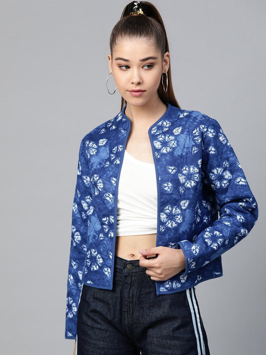 Women's Blue Tie & Dye Floral Quilted Ethnic Jacket