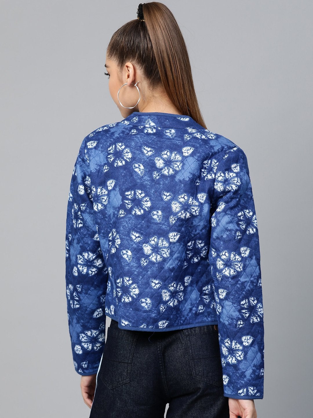Women's Blue Tie & Dye Floral Quilted Ethnic Jacket