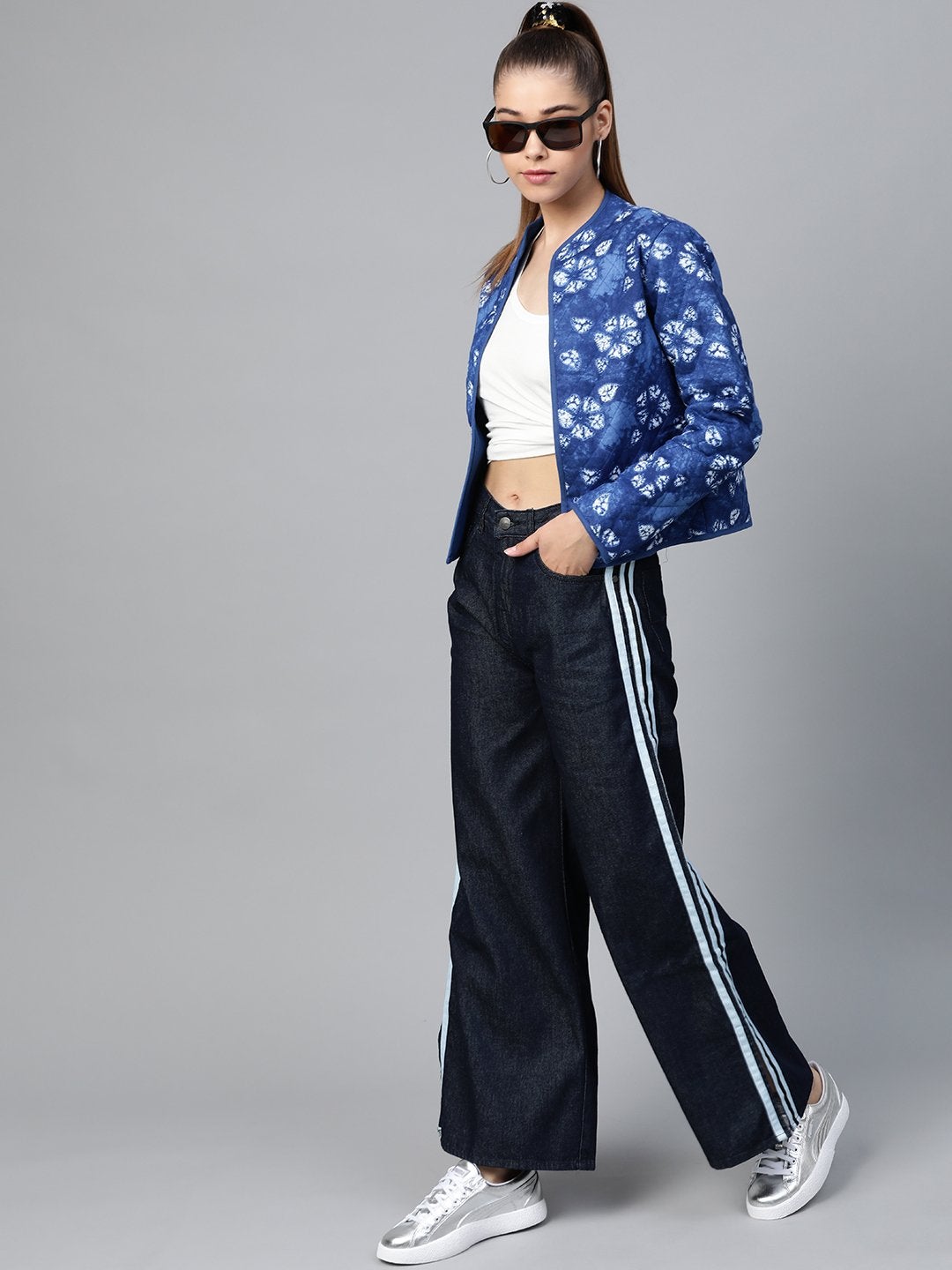 Women's Blue Tie & Dye Floral Quilted Ethnic Jacket