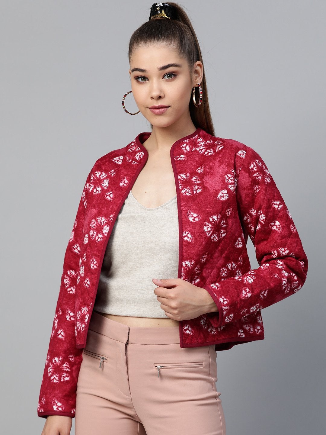 Women's Red Tie & Dye Floral Quilted Ethnic Jacket