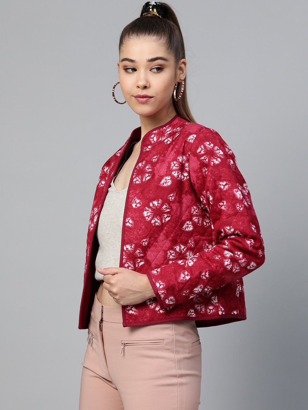 Women's Red Tie & Dye Floral Quilted Ethnic Jacket