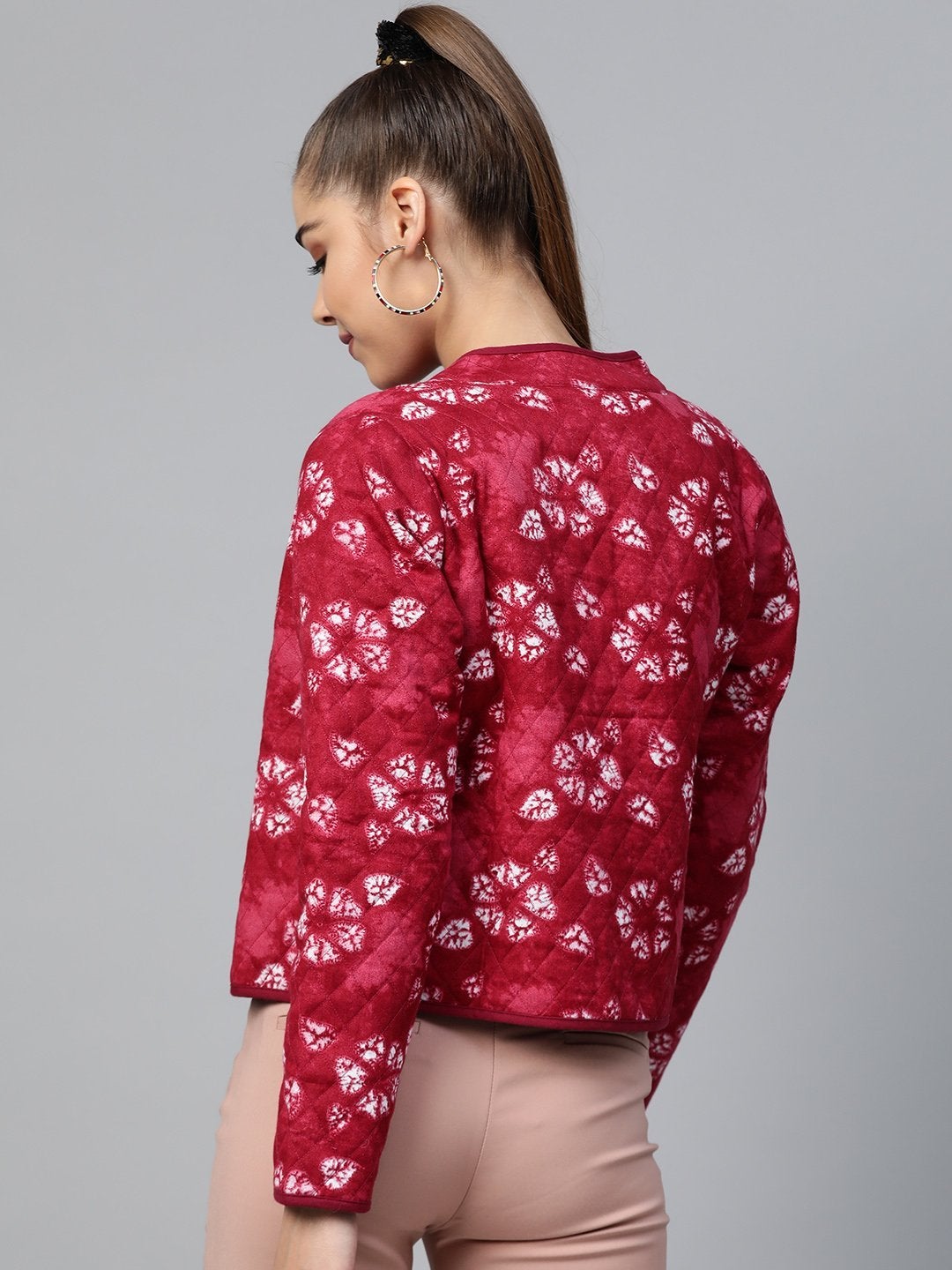 Women's Red Tie & Dye Floral Quilted Ethnic Jacket