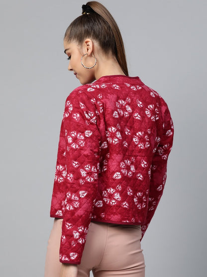 Women's Red Tie & Dye Floral Quilted Ethnic Jacket