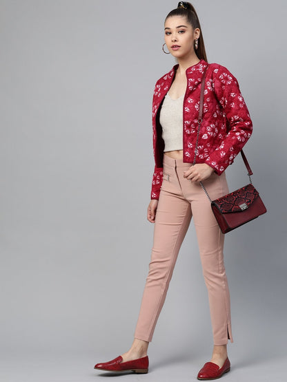 Women's Red Tie & Dye Floral Quilted Ethnic Jacket