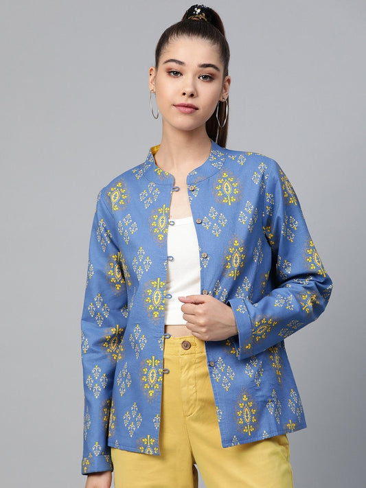 Women's Blue Floral Buttoned Ethnic Jacket