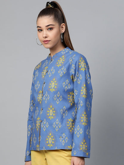 Women's Blue Floral Buttoned Ethnic Jacket