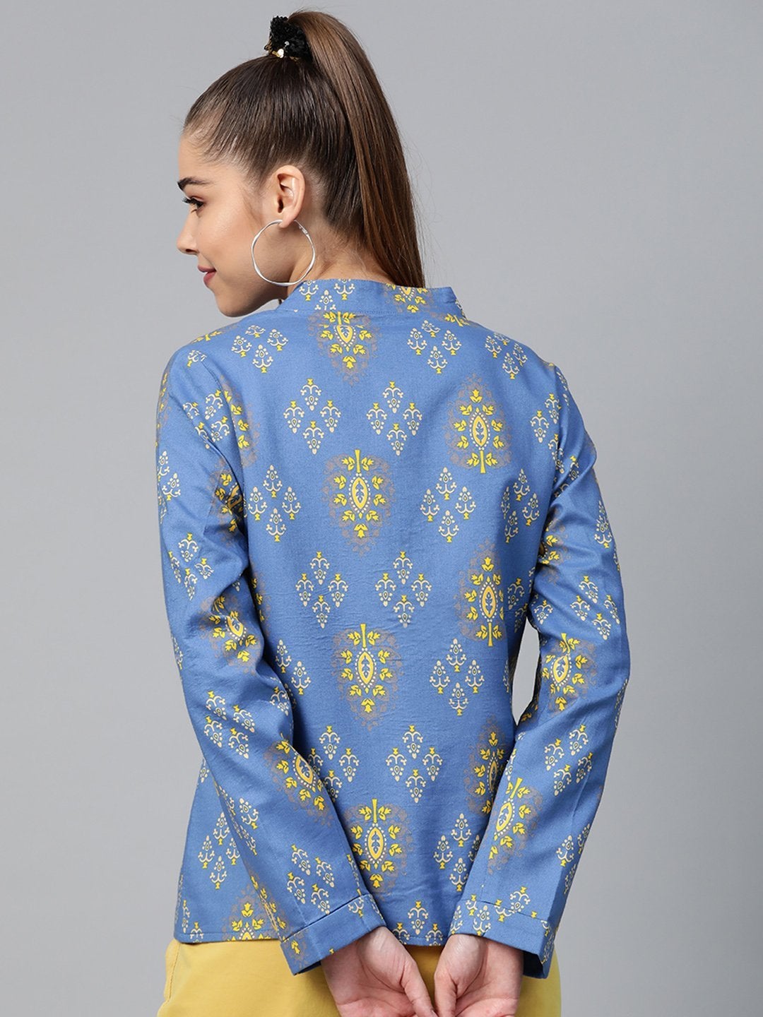 Women's Blue Floral Buttoned Ethnic Jacket
