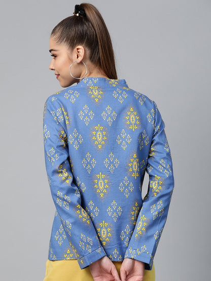 Women's Blue Floral Buttoned Ethnic Jacket