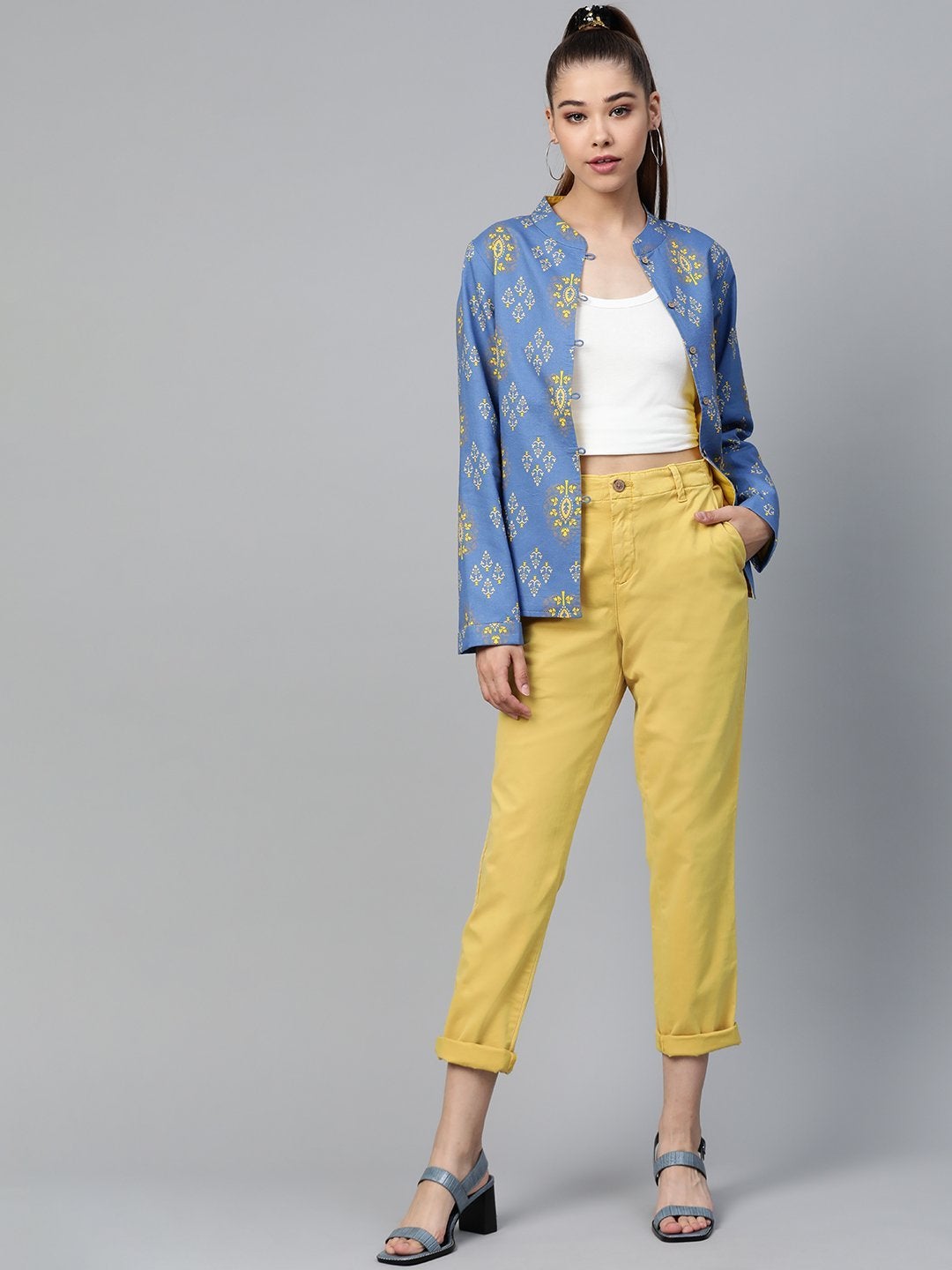 Women's Blue Floral Buttoned Ethnic Jacket