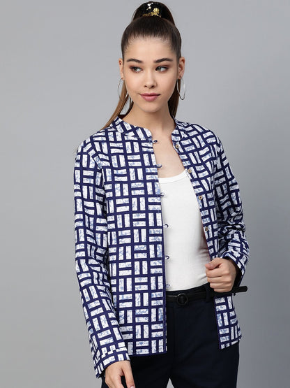 Women's Navy Geo Print Buttoned Ethnic Jacket