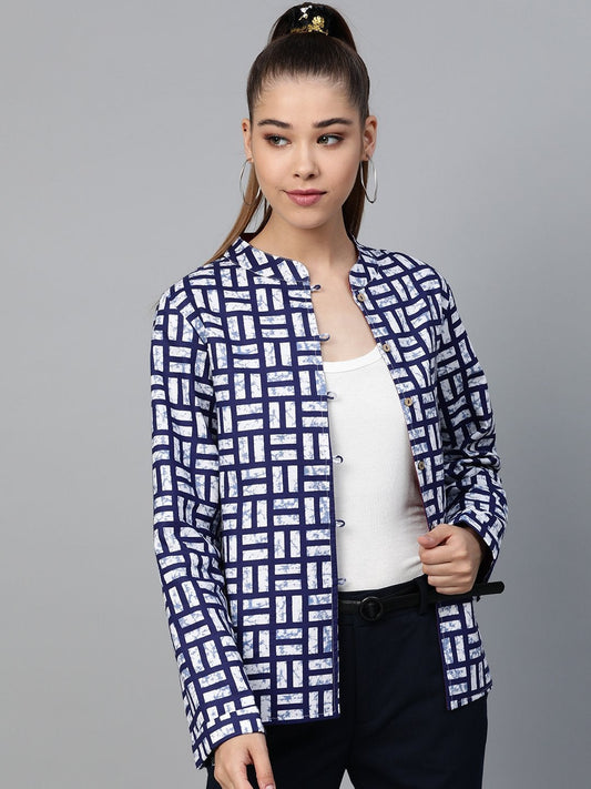 Women's Navy Geo Print Buttoned Ethnic Jacket