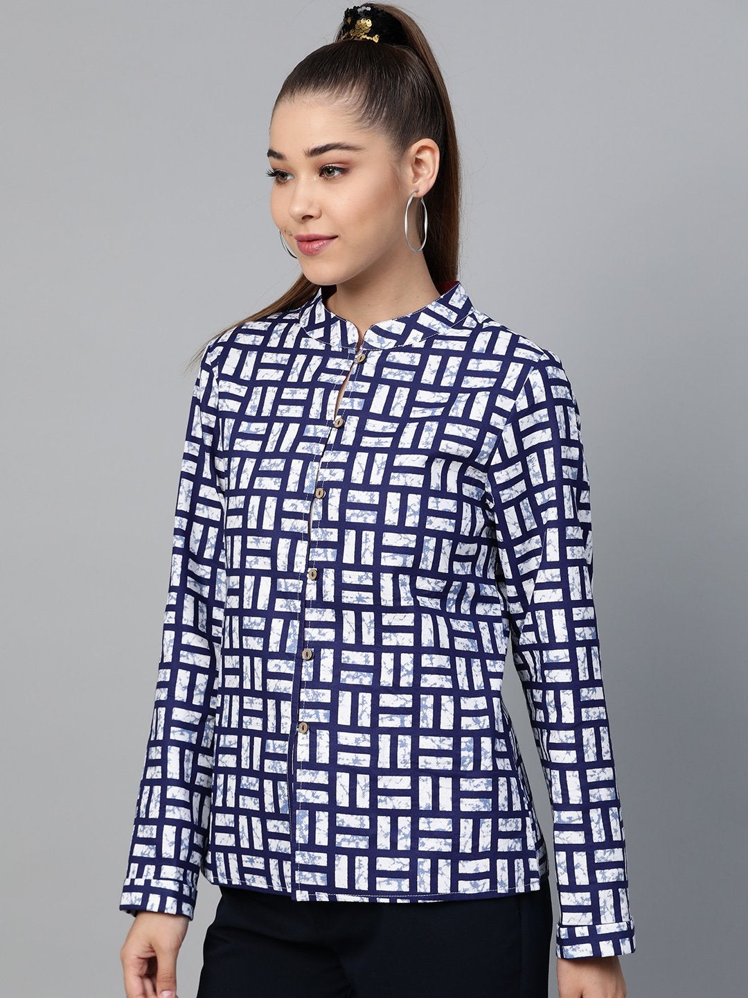 Women's Navy Geo Print Buttoned Ethnic Jacket
