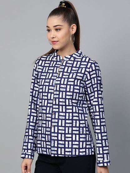 Women's Navy Geo Print Buttoned Ethnic Jacket