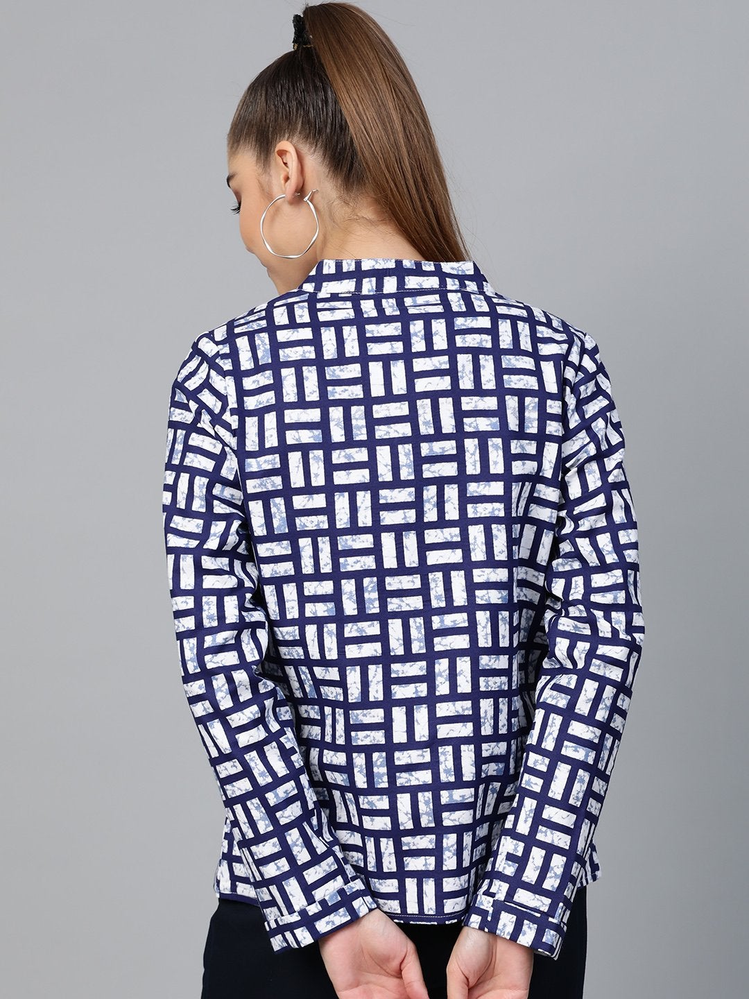 Women's Navy Geo Print Buttoned Ethnic Jacket