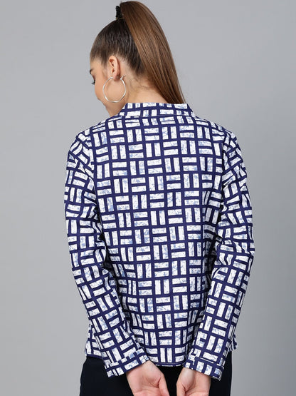 Women's Navy Geo Print Buttoned Ethnic Jacket