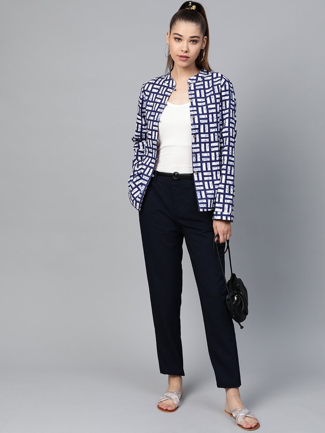 Women's Navy Geo Print Buttoned Ethnic Jacket
