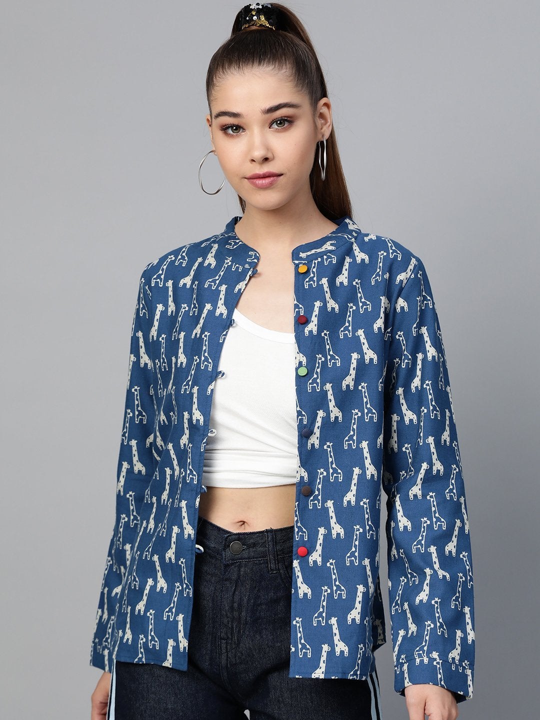 Women's Blue Giraffe Print Buttoned Ethnic Jacket