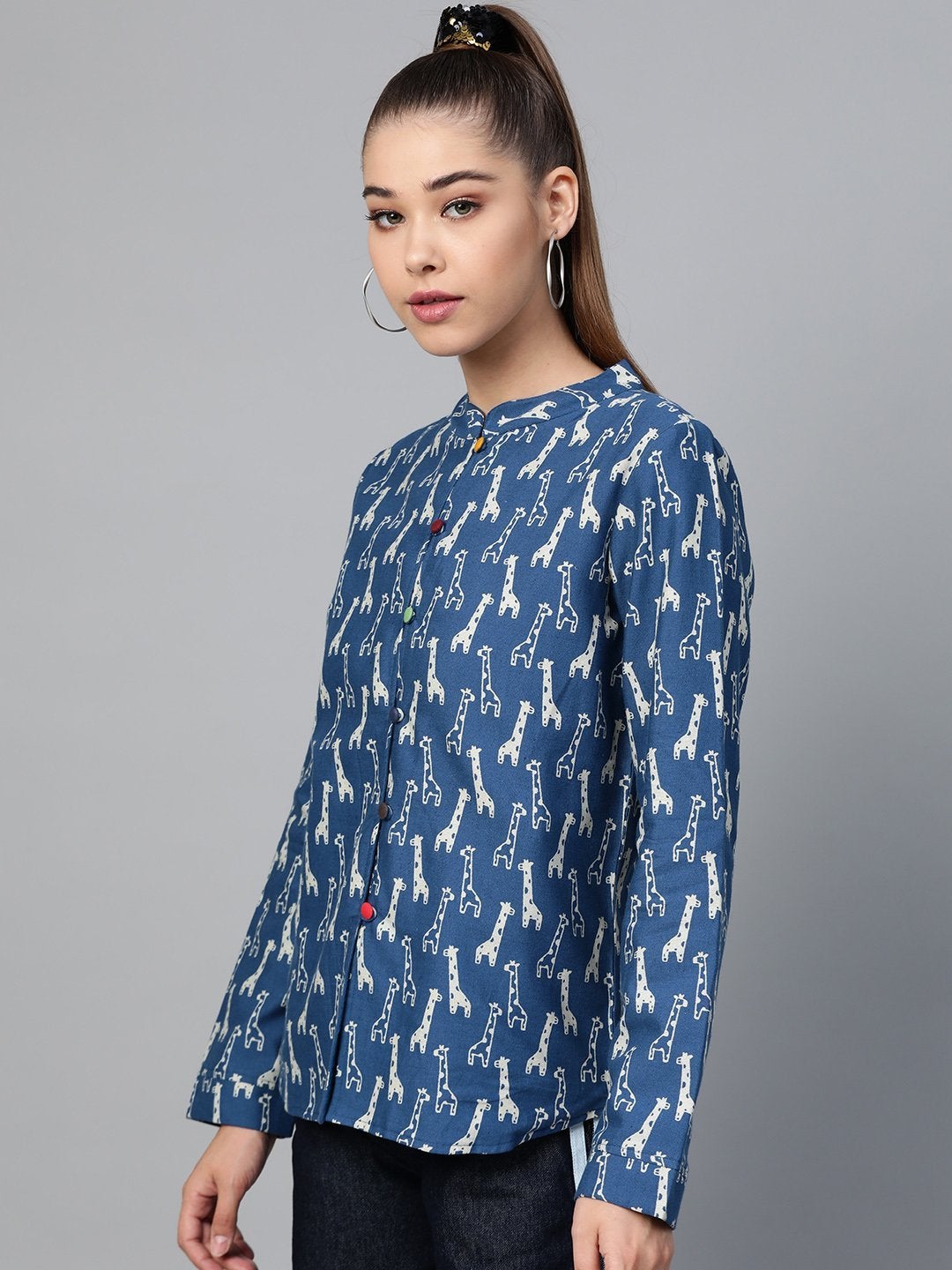 Women's Blue Giraffe Print Buttoned Ethnic Jacket