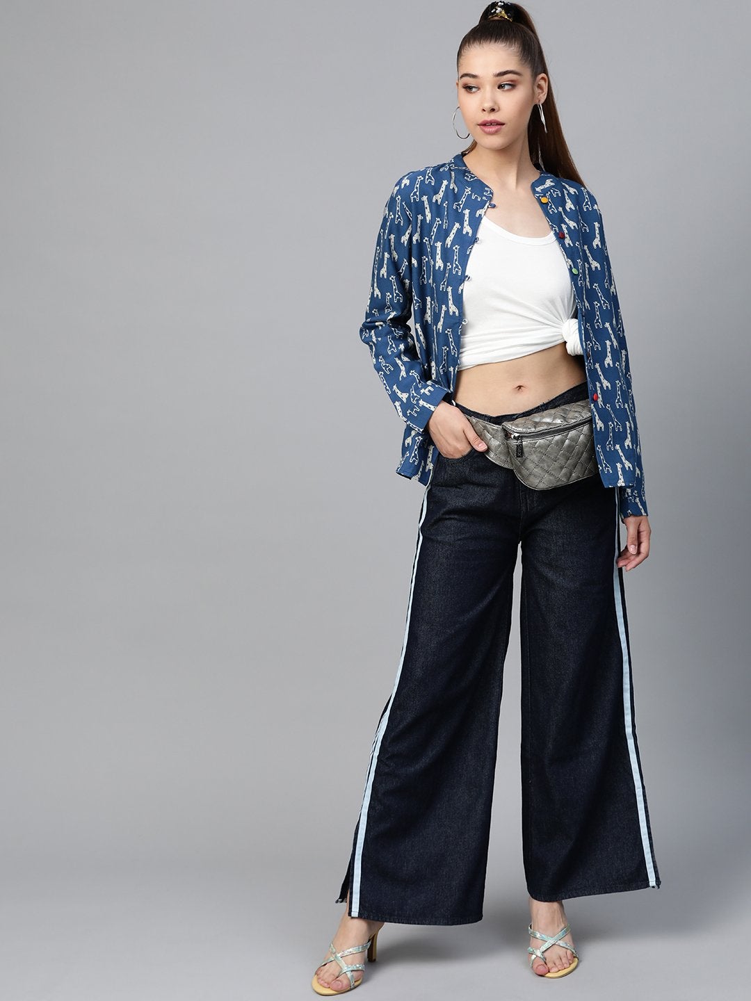 Women's Blue Giraffe Print Buttoned Ethnic Jacket