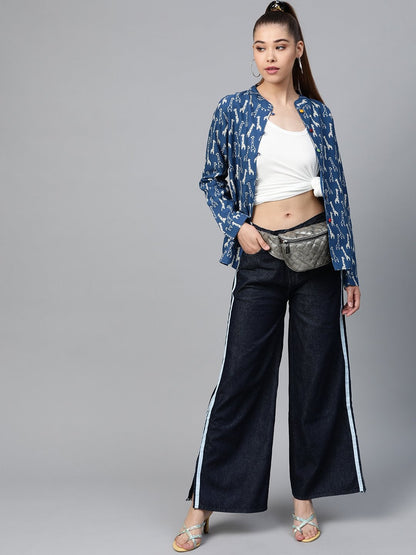 Women's Blue Giraffe Print Buttoned Ethnic Jacket