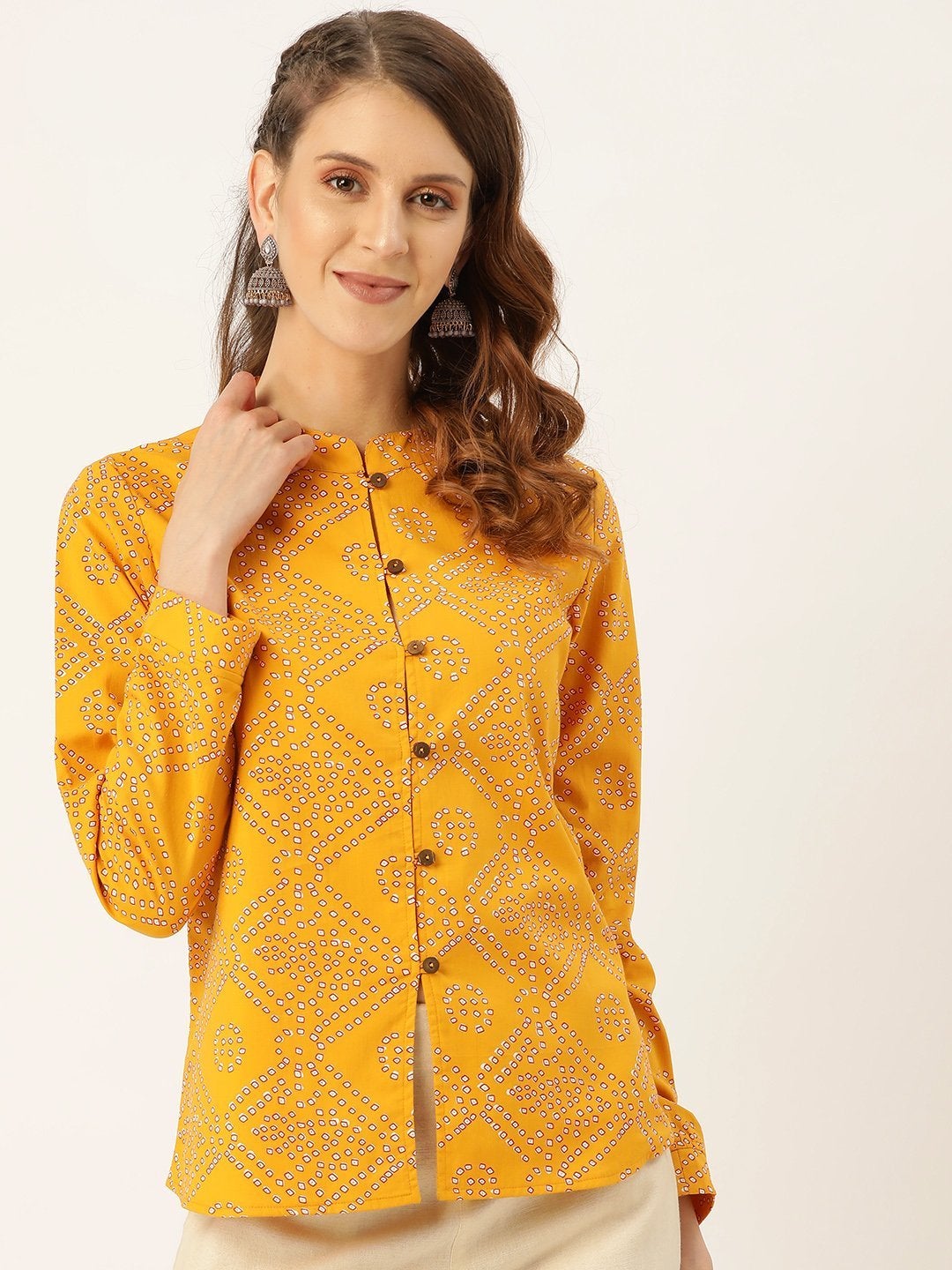 Women's Mustard Bandhej Buttoned Ethnic Jacket