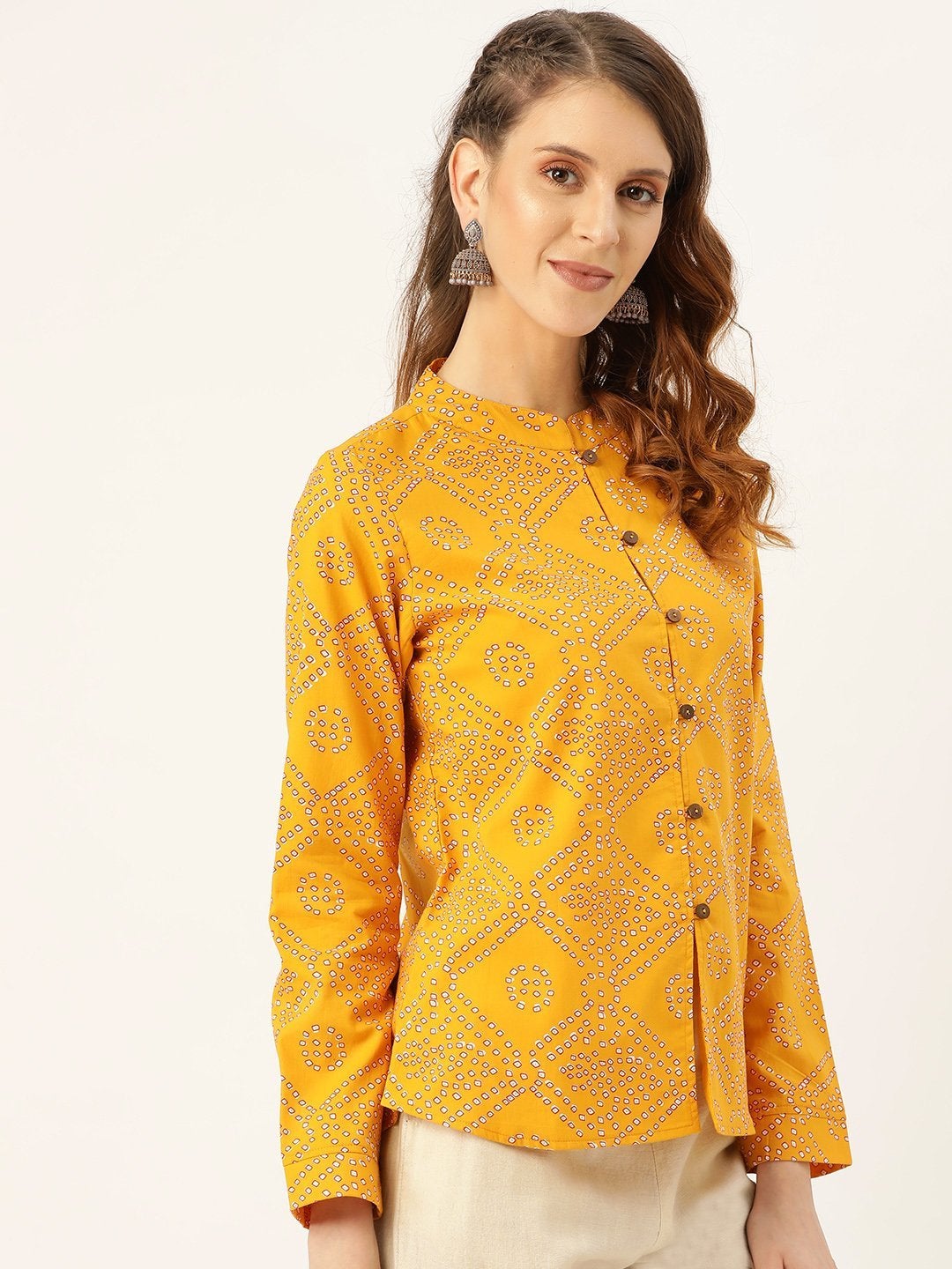 Women's Mustard Bandhej Buttoned Ethnic Jacket