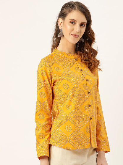 Women's Mustard Bandhej Buttoned Ethnic Jacket