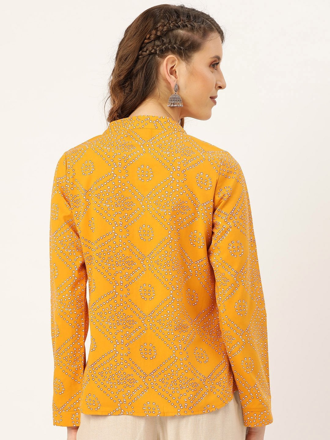 Women's Mustard Bandhej Buttoned Ethnic Jacket