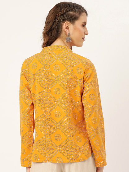 Women's Mustard Bandhej Buttoned Ethnic Jacket