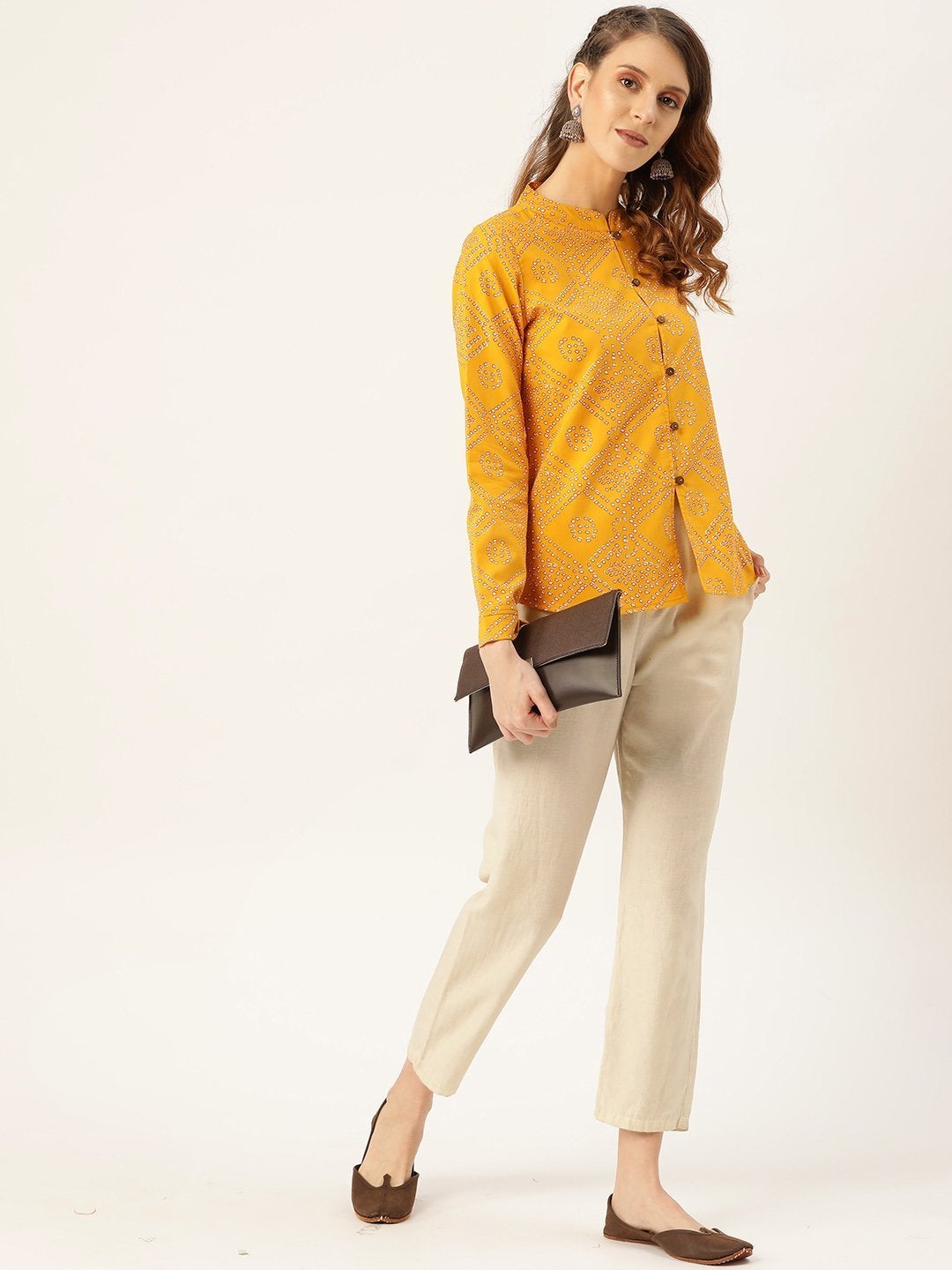 Women's Mustard Bandhej Buttoned Ethnic Jacket