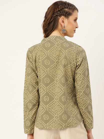 Women's Olive Bandhej Buttoned Ethnic Jacket