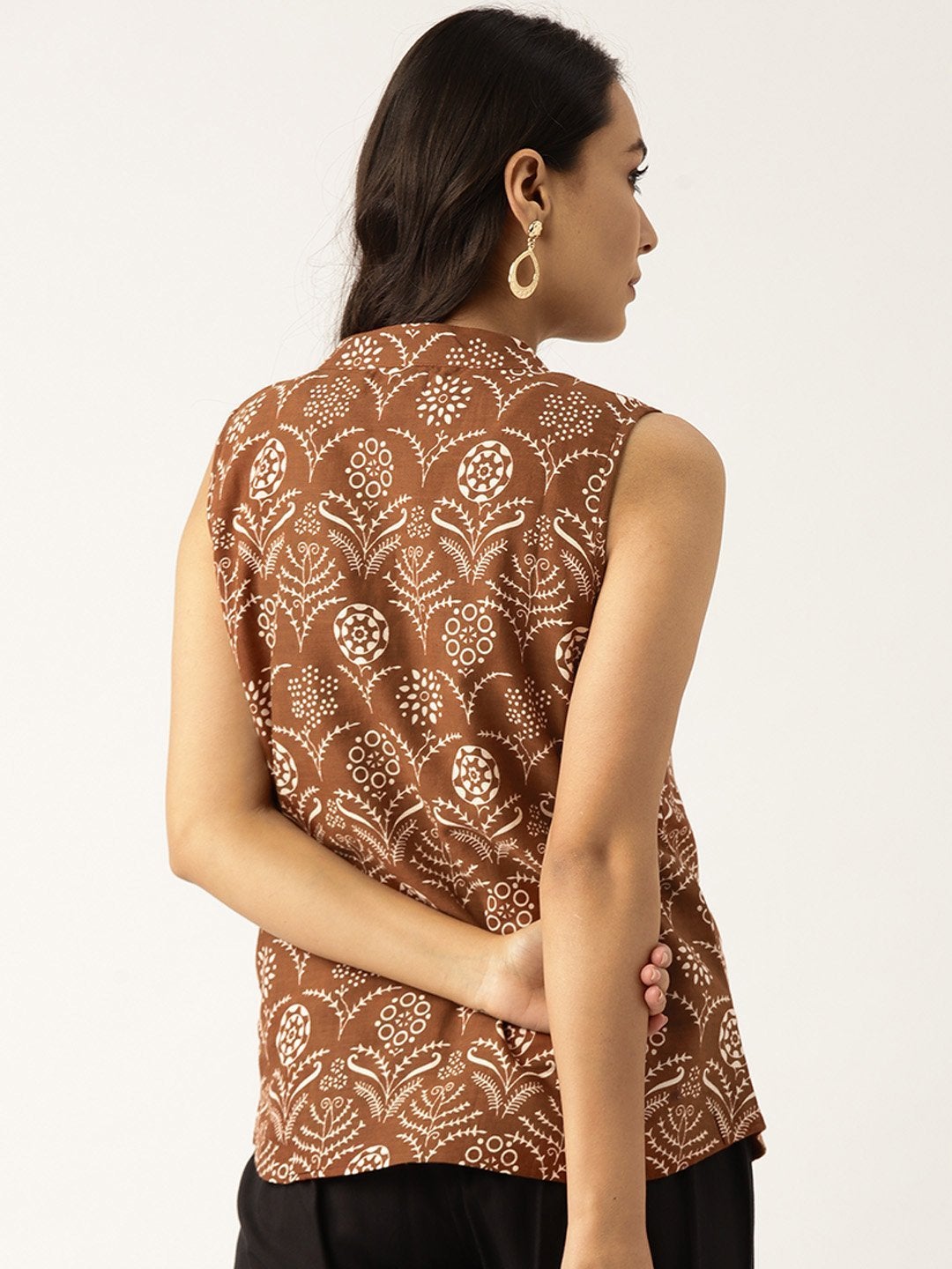 Women's Brown Floral Sleeveless Indie Jacket