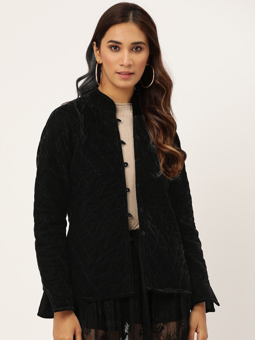 Women's Black Velvet Full Sleeve Quilted Jacket