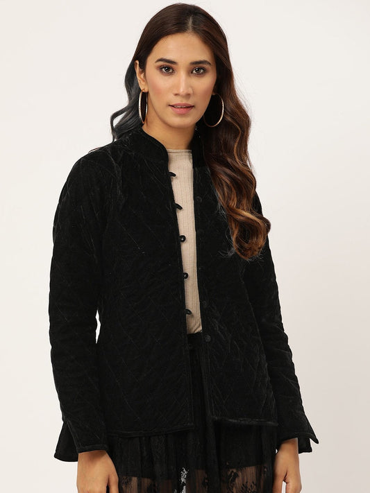 Women's Black Velvet Full Sleeve Quilted Jacket