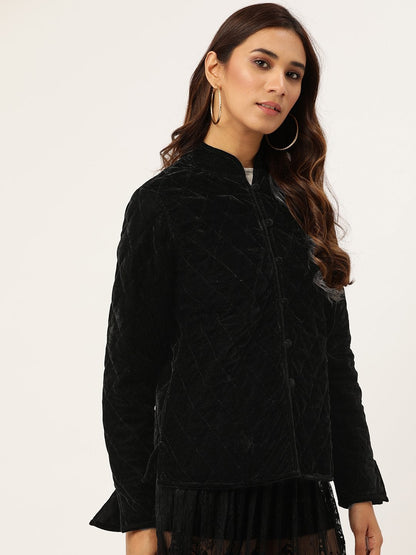 Women's Black Velvet Full Sleeve Quilted Jacket