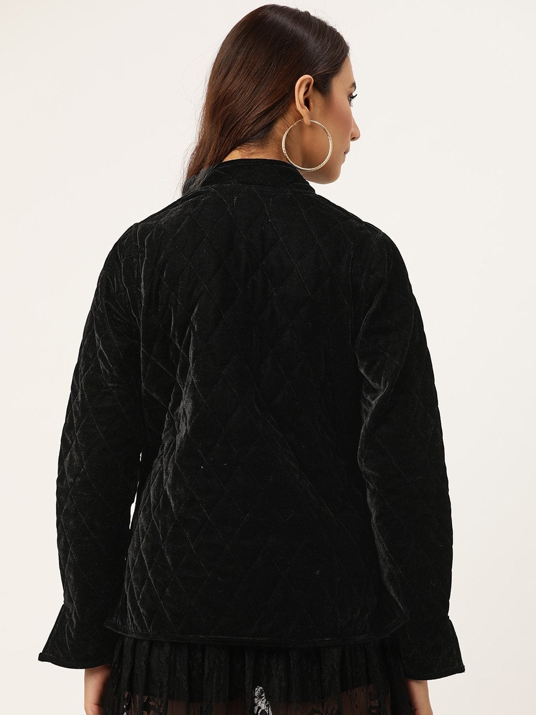 Women's Black Velvet Full Sleeve Quilted Jacket