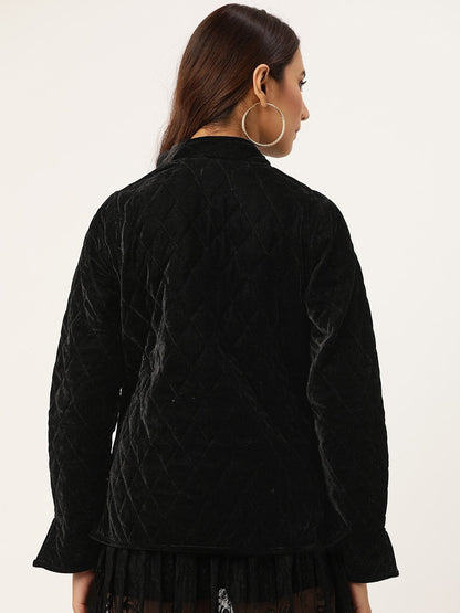 Women's Black Velvet Full Sleeve Quilted Jacket