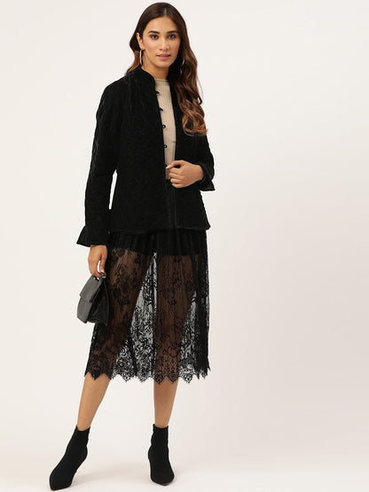Women's Black Velvet Full Sleeve Quilted Jacket