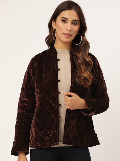 Women's Brown Velvet Full Sleeve Quilted Jacket