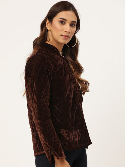 Women's Brown Velvet Full Sleeve Quilted Jacket