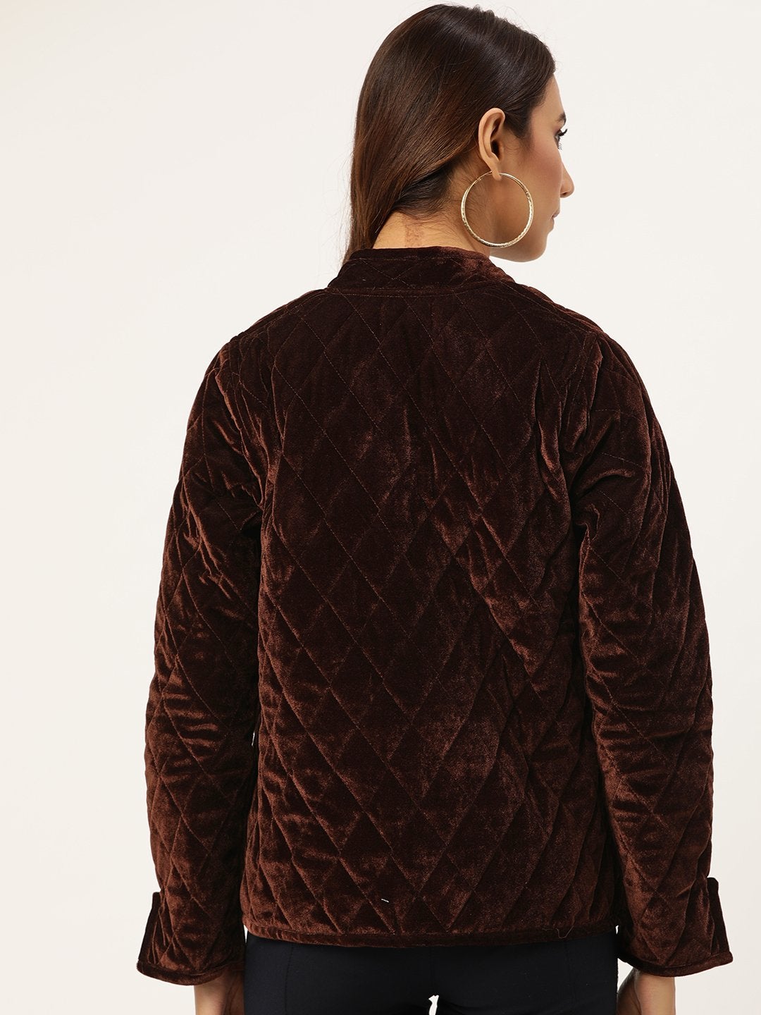 Women's Brown Velvet Full Sleeve Quilted Jacket