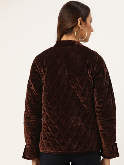 Women's Brown Velvet Full Sleeve Quilted Jacket