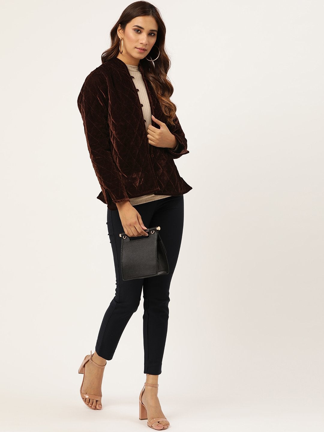 Women's Brown Velvet Full Sleeve Quilted Jacket