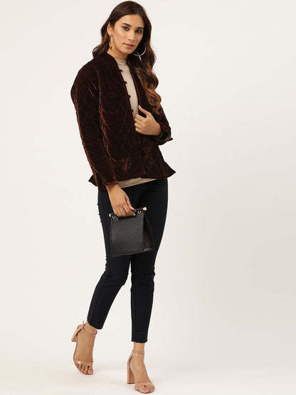 Women's Brown Velvet Full Sleeve Quilted Jacket